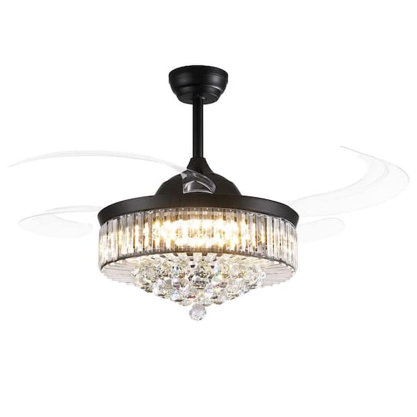 48 in. Indoor Modern Black Smart Retractable Crystal Ceiling Fan with LED Light and Remote,Downrod Mount Chandelier Fan