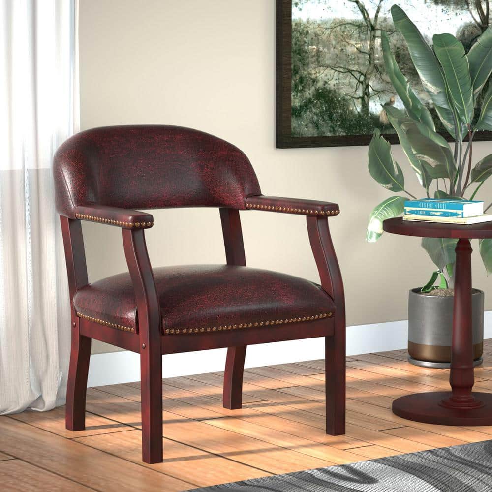 Elegant Mahogany Wood Finish Captain's Chair in Black Vinyl