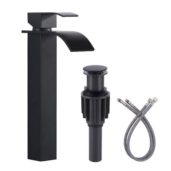 WOWOW Single Handle Waterfall Single Hole Bathroom Faucet with Drain Kit Included in Matte Black
