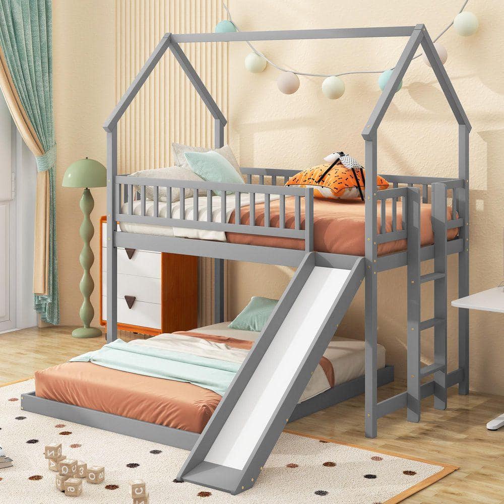 Qualler Gray Twin over Full House Bunk Bed with Slide FSUBWM430E - The ...