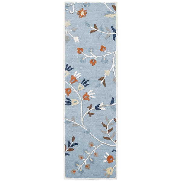 Ottomanson Agra Collection Floral Design 2 ft. x 8 ft. Indoor Handmade Wool Runner Rug, 2 ft. 3 in. x 7 ft. 6 in., Light Blue