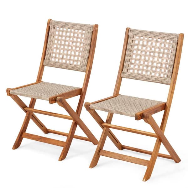 Outdoor Folding Chairs Set of 2, Wooden Patio Dining Chairs with High Back