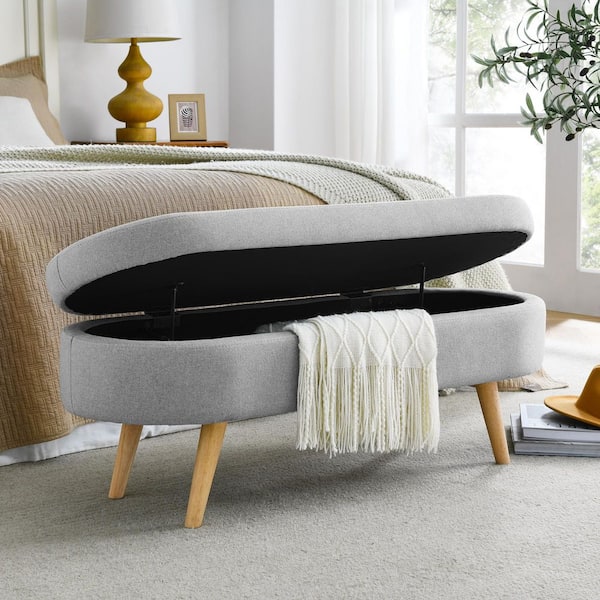 43.5 in. Grey Oval Storage Ottoman Bench with Rubber Wood Legs, Linen Upholstered Footstool Seat for Bedroom
