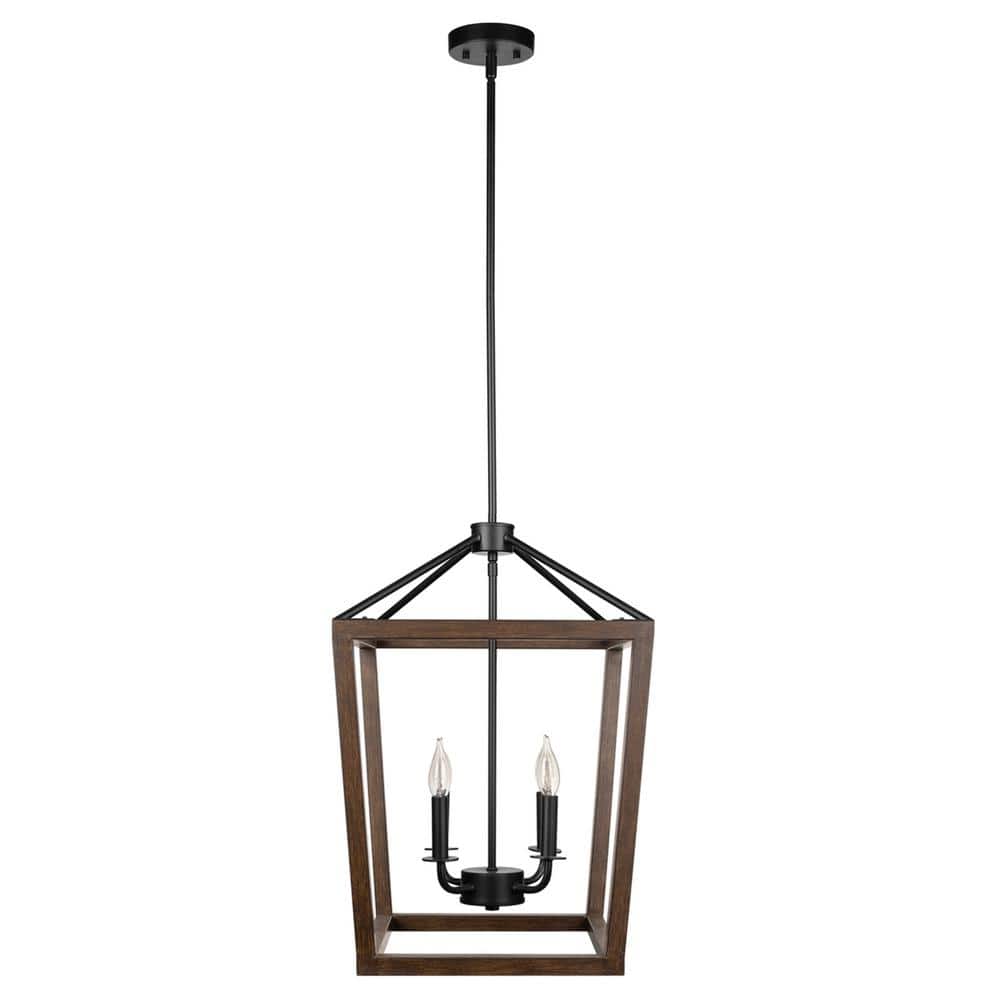 Matte Black and Faux Wood 4-Light Pendant