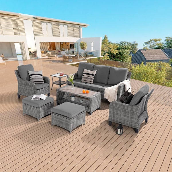 Sonkuki 6-Piece Patio Conversation Sofa Set Gray Wicker with Coffee Table and Thickening Cushions, Gray