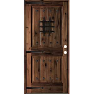36 in. x 80 in. Mediterranean Knotty Alder Sq. Top Red Mahogony Stain Left-Hand Inswing Wood Single Prehung Front Door