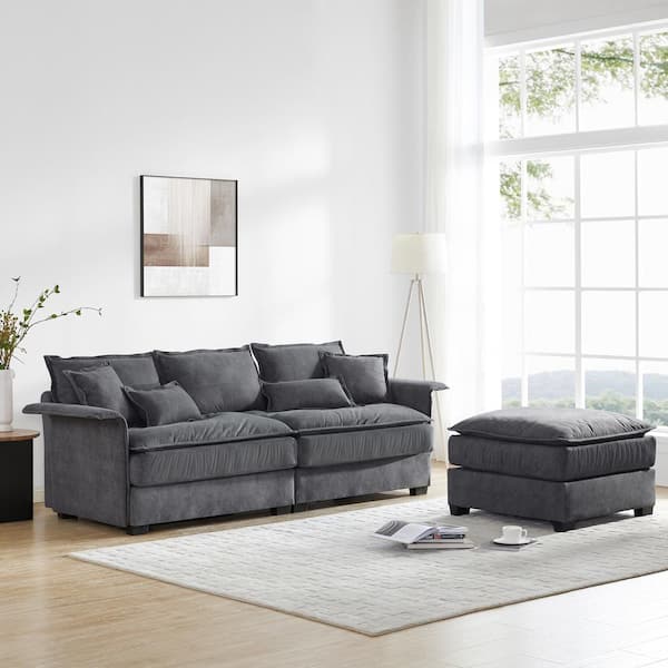 Harper & Bright Designs 95 in. Flared Arm 4 Seat L-Shape Fabric Sectional Sofa in Dark Gray with Ottoman, 4 Pillows, Double Cushions