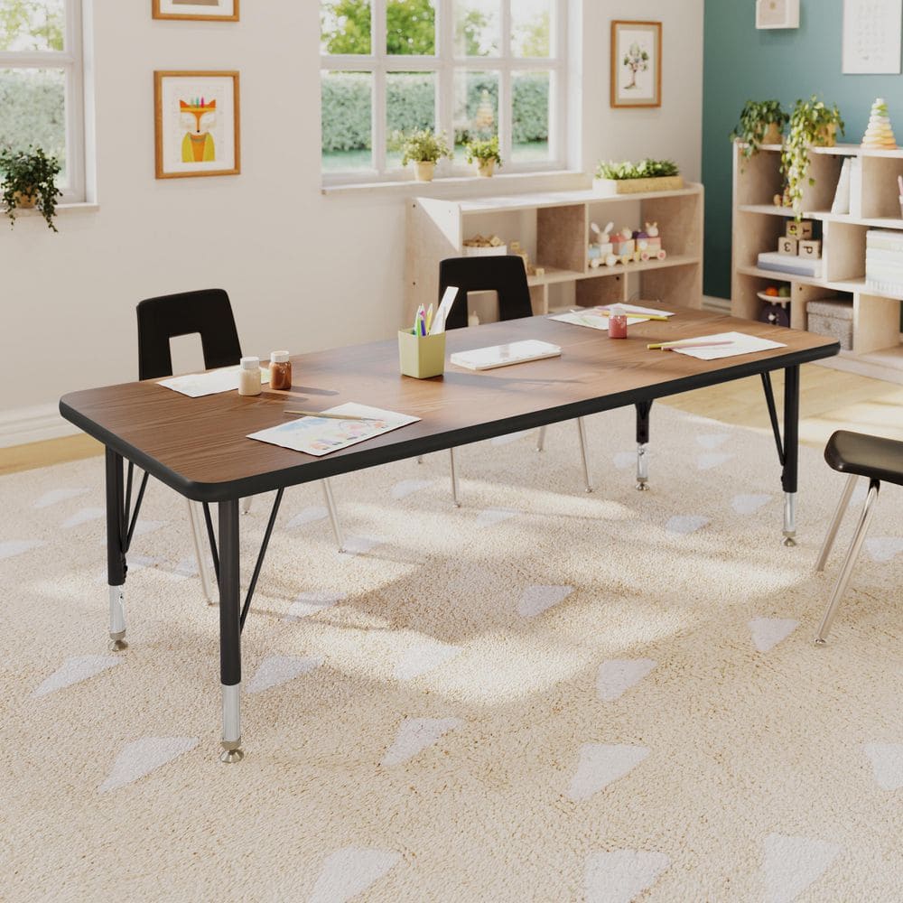 Wren Adjustable Oak Top/Black Frame Rectangle Kids Activity Table with Thermal Laminate Top for 4