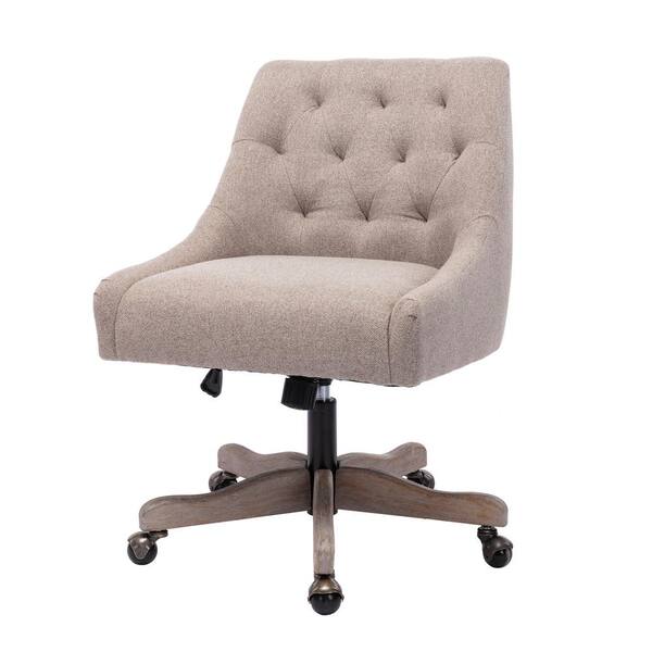 Spaco Brown Linen Fabric Tufted Modern Leisure Adjustable Office Chair with Solid Wood Feet