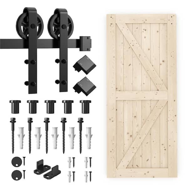 WINSOON 36 in. x 84 in. Unfinished K-Bar Solid Spruce Wood Interior Sliding Barn Door Slab with Hardware Kit