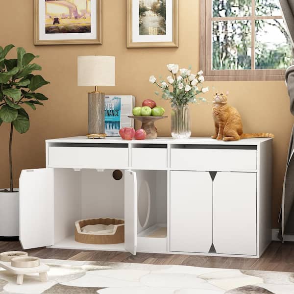 FUFU&GAGA 43.3 in. Double Hidden Litter Box Furniture with 4-Doors and Litter Filter, Cat Washroom with Storage Space for 2 Cats