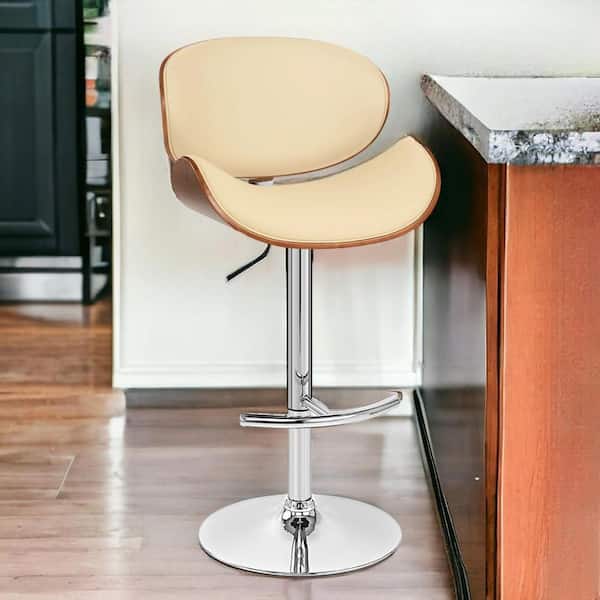 25 in. Cream Low Back Wood Counter Height Bar Chair with Faux leather Seat