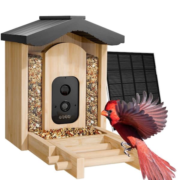 Phewnyzo Natural Color Bamboo Solar Panel with Camera and Weatherproof Smart Bird Feeder 1.5 Liters 1-Pack
