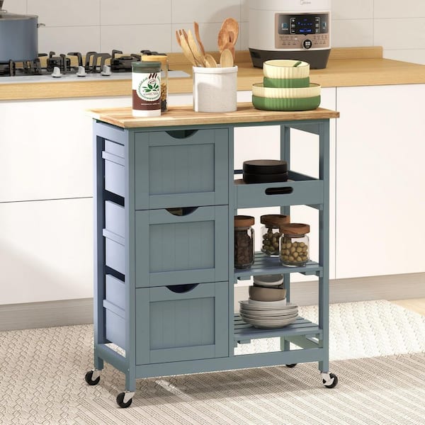 Gray Rubber Wood Top 14.5 in. Kitchen Island with 3-Drawers, 1 Serving Tray and 2 Slatted Shelves