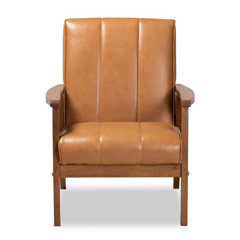 Ergonomic Mid-Century Tan Faux Leather & Walnut Wood Accent Chair