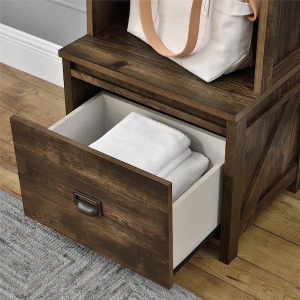 Systembuild brownwood entryway storage outlet bench