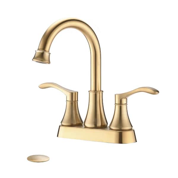 Miscool Oswell 4 in. Centerset Deck Mount Double Handle Bathroom Faucet with Drain Kit Included in Brushed Gold