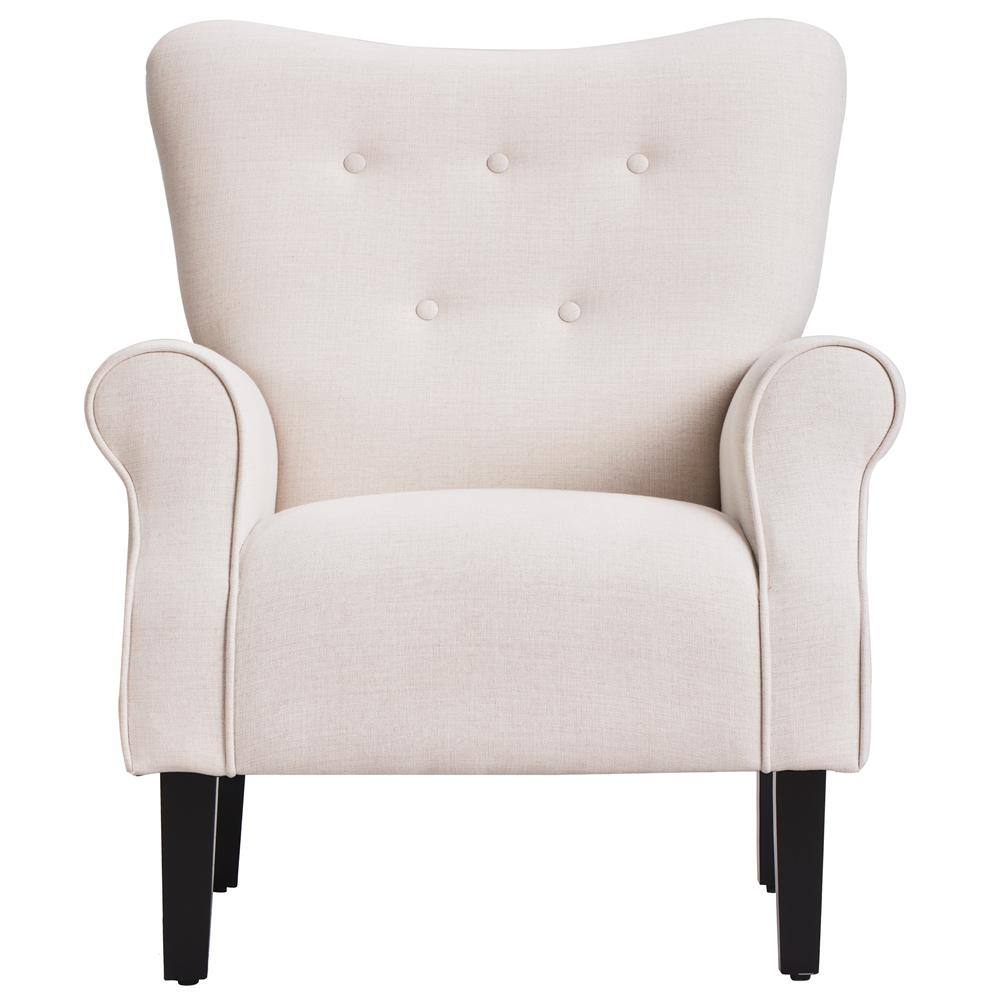 Cream Linen Modern Wing Back Accent Chair Roll Arm Living Room Cushion with Wooden Legs