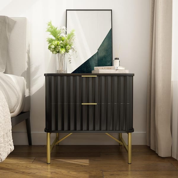 Modern Black 2-Drawer Nightstand with Arched Grooved Panels and Crossbar Metal Legs for Bedroom or Living Room