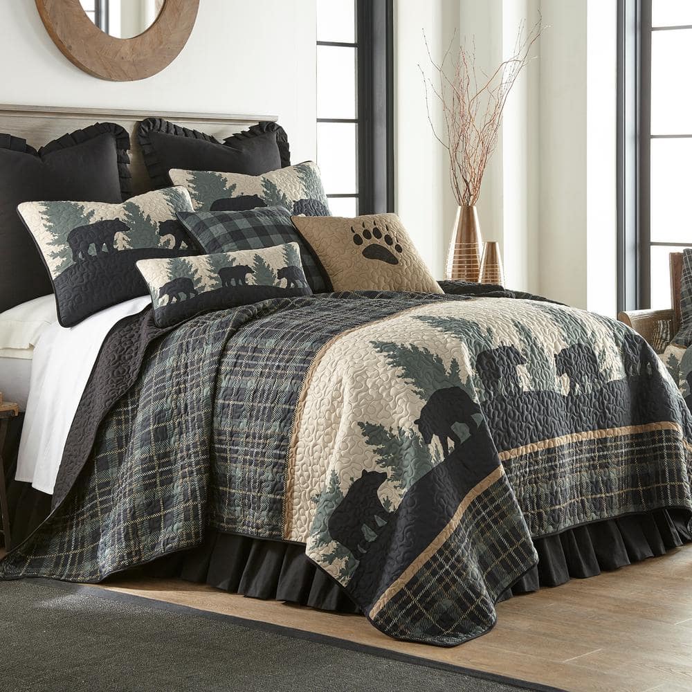Bear Walk Plaid Green Microfiber King Quilt Set (3-Piece)