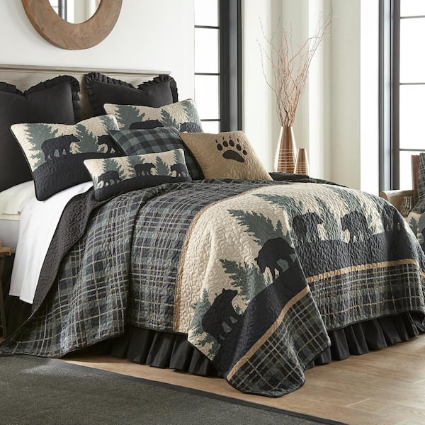 BEAUTIFUL MODERN LODGE CABIN PLAID BLUE GRAY SOFT QUILT SET QUEEN OR KING SIZE 