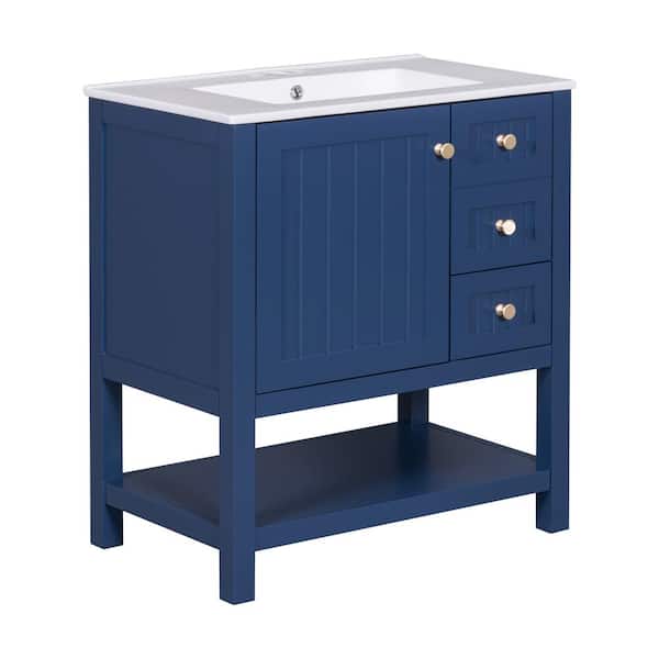 Nestfair 30 in. W x 18.3 in. D x 33.59 in. H Freestanding Bath Vanity in Blue with White Ceramic Top