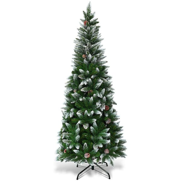 Costway 5 ft. Snow Flocked Unlit Artificial Pencil Christmas Tree Hinged with Pine Cones