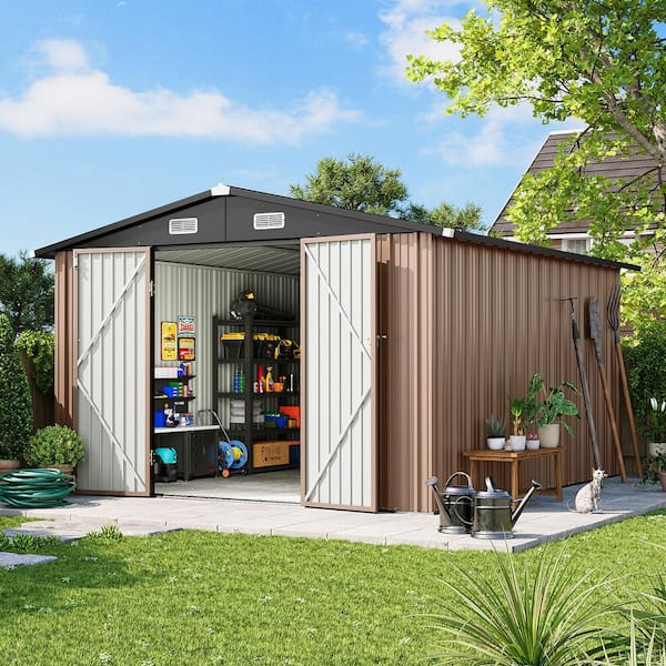 10 ft. W x 8 ft. D Brown Outdoor Metal Storage Shed with Metal Base Frame Floor, Lockable Door and Vents (80 sq. ft. )