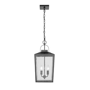 Devens 22 in. 2-Light Powder Coated Black Outdoor Pendant Light with Clear Seeded Glass