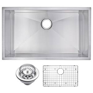 Undermount Stainless Steel 32 in. Single Bowl Kitchen Sink with Strainer and Grid in Satin