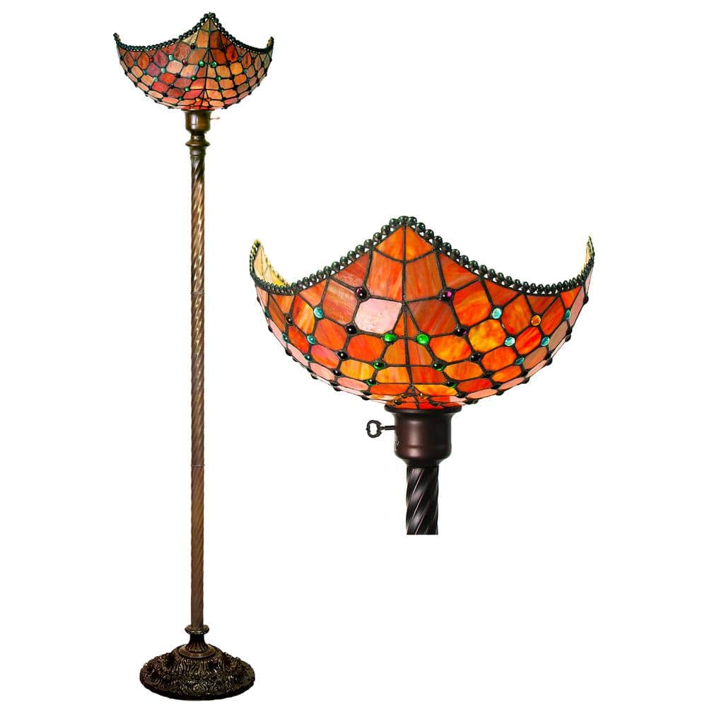 Antique Bronze Stained Glass Torchiere Floor Lamp with Multicolored Jewels