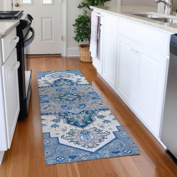 Mayfield Premium Machine Washable Abstract AMF1036 Blue 2 ft. 3 in. x 7 ft. 6 in. Runner Rug