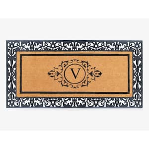 A1HC Paisley Black 30 in. x 60'' Rubber and Coir Monogrammed V Durable Outdoor Entrance Door Mat