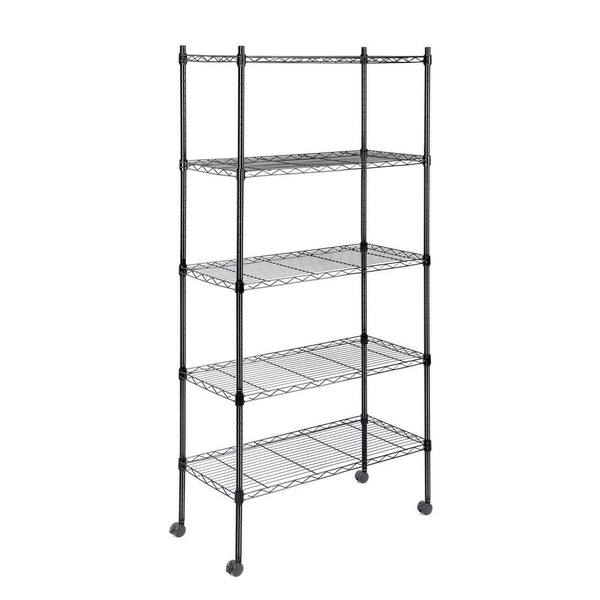 5-Tier Black Metal Shelving Unit, 800 lbs Capacity Stackable Wire Storage Rack on Wheels-24 in. W x 14 in. D x 59 in. H