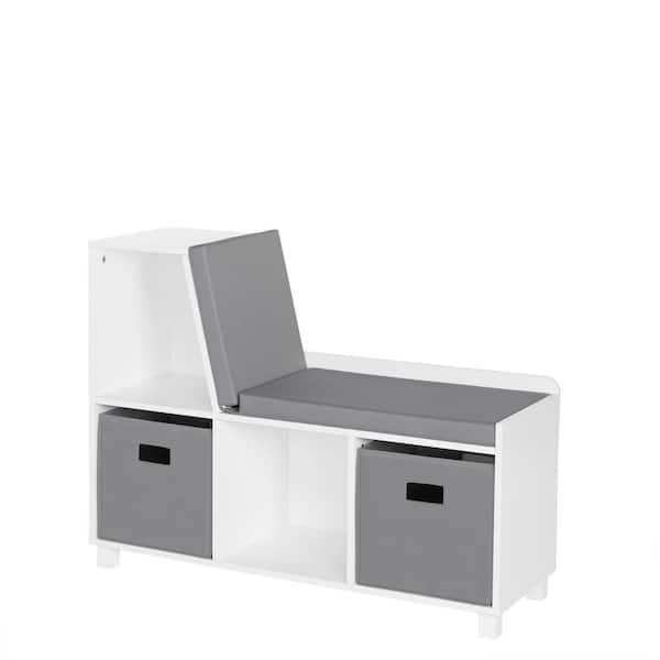RiverRidge Home Kids White Reading Nook Cushioned Toy Storage Bench with Cubby Organizer with 2 Gray Fabric Bins