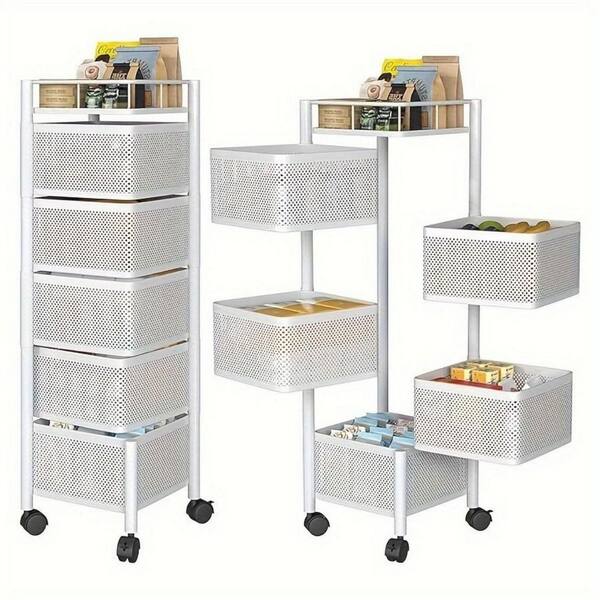 5-Tier Rotating Metal Storage Shelf Fruit Baskets with Wheels : Multi-Layer Kitchen Trolley in White