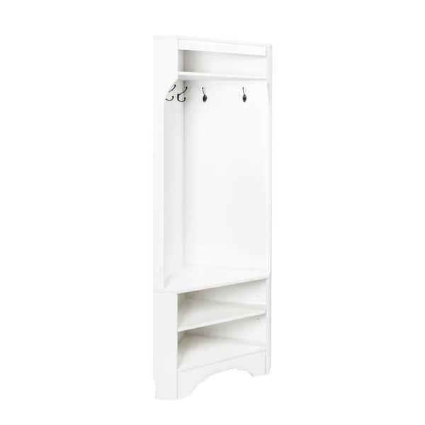 Minimalist Corner Hall Tree with Shoe Bench, 4-Hooks, Corner Cabinet with Adjustable Shelf, White