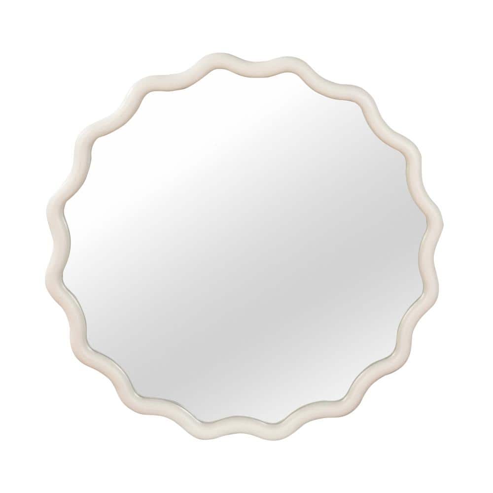 30 in.W × 30 in.H White Wavy-Edged Round Mirror, Solid Wood Frame Wall-Mounted Decorative Mirror