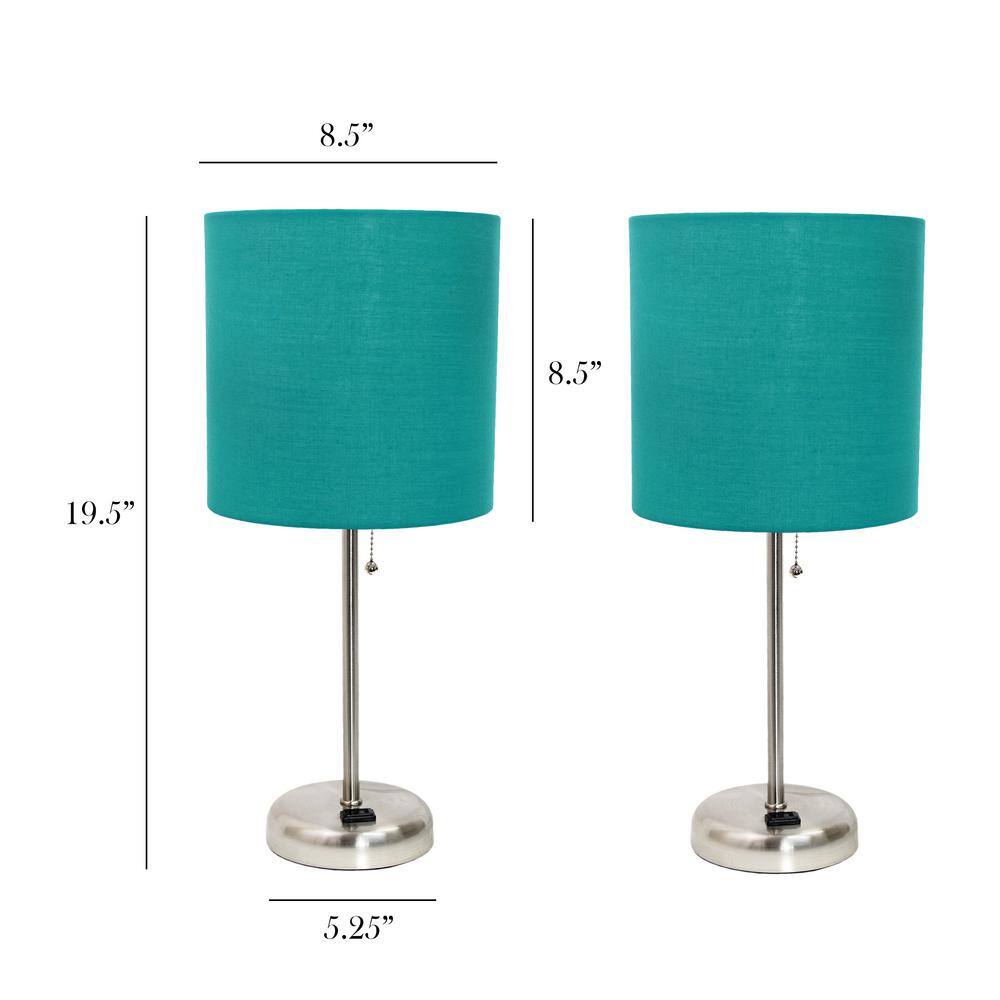 Teal Fabric Shade Brushed Steel Stick Table Lamp Set with Charging Outlet