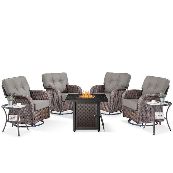 Tidalis Brown 7-Piece Wicker Patio Conversation Set Outdoor Fire Pit Set with 5 in. Gray Cushions and Swivel Chair