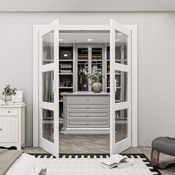 72 in. x 80 in. 3-Lite Clear Glass White Solid Core Glass French Door Without Jamb Double Interior Door Slab + Ballcatch