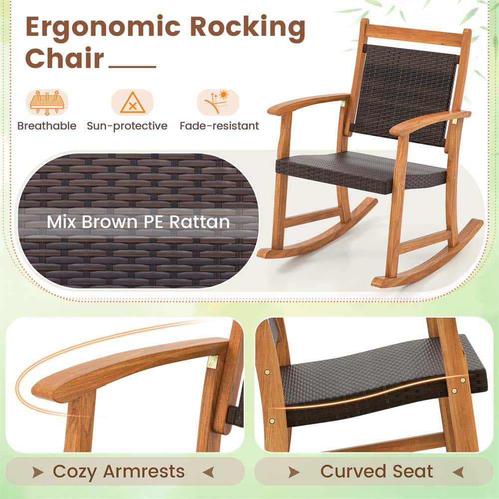 Mix Brown and Natural Acacia Wood Outdoor Rocking Chair Bistro Set