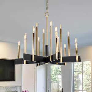 Axis 33.5 in. 18-Light Farmhouse Black and Gold Candle Style Chandelier with E12-Bulbs