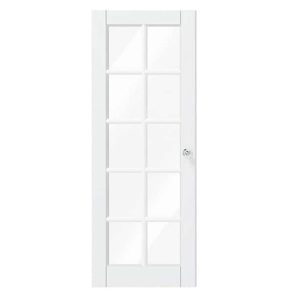 TENONER 32 in. x 80 in. Composite, MDF, 10 Lite, Clear Glass, Primed, White Interior Door Slab with Silver Sphere Doorknob