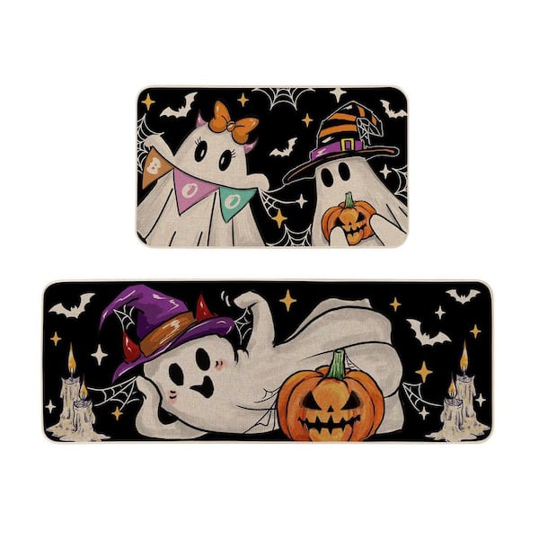 2 ft. x 4 ft. Black Halloween Cute Witch Ghost Pattern 2-Piece Set for Kitchen and Home Decor, Area Rug