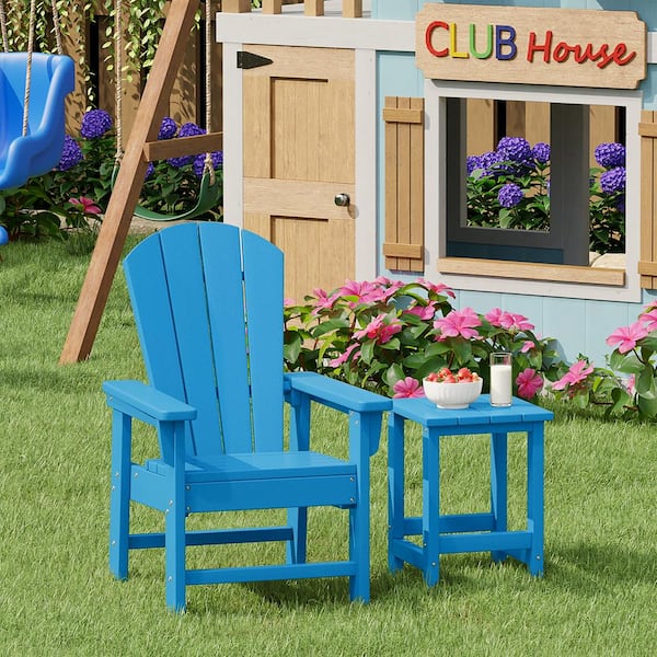 Children's Laguna Outdoor Patio All Weather Plastic Kids 2-Piece Adirondack Chair with Side Table in Pacific Blue