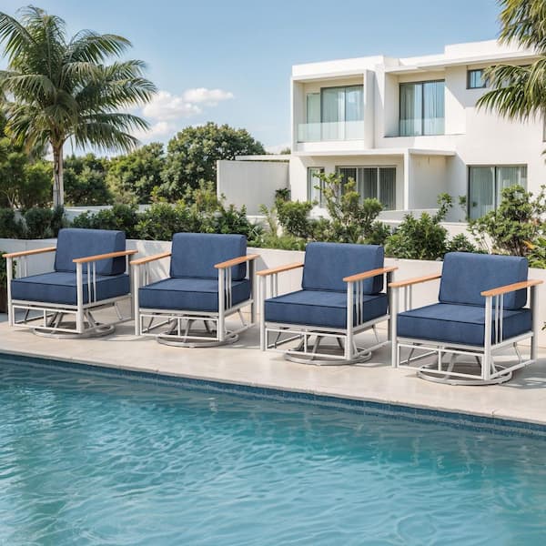 Minimalism White Metal Outdoor Patio Conversation Rocking Chair Swivel Glide with Blue Cushions (4-Pack)