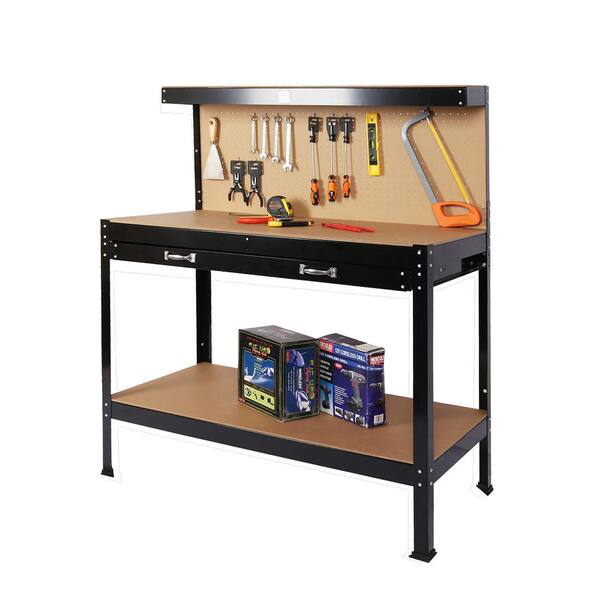 GOGEXX 63 in. Tools Cabinet Working Tables Workbench Tool Storage Rustproof Workshop Table with Drawers and Pegboard in Black