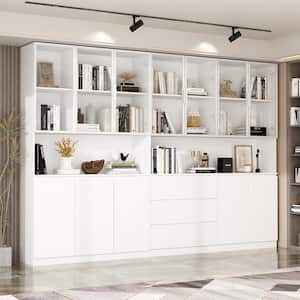 78.7 in. Tall White Wood 16-Shelf Standard Bookcase Freestanding Cabinet With Tempered Glass Doors, 3 Drawers