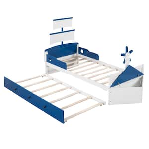 92 in. W x 42.4 in. D x 53.8 in. H Blue Wood Linen Cabinet with Twin Size Boat-Shaped Platform Bed, Trundle